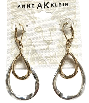 NEW ANNE KLEIN 2 TONE GOLD SILVER TONE DOUBLE PEAR TEAR SHAPE DANGLIN EARRINGS - Image 1 of 4