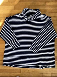 Lands End Turtleneck Long Sleeve Top Womens 1X White Blue Striped Waffle Knit - Picture 1 of 4