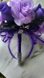10 PC 5 BRIDEMAID BOUQUETS & 5 BOUTIONEERS LAVENDER WHITE & PURPLE WITH BLING  - Picture 1 of 2