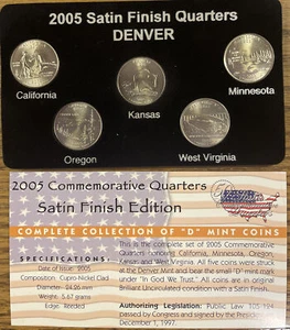 2007 D 50 STATE SATIN COMMEMORATIVE QUARTERS - 5 Coins & Card - No Box & No Case - Picture 1 of 2