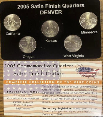 2008 D 50 STATE SATIN COMMEMORATIVE QUARTERS - 5 Coins & Card - No Box & No Case - Image 1 of 2