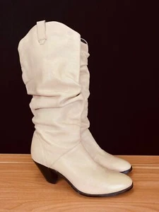 Vintage 1980s tall white boots, beige genuine leather cowgirl slouch casual 7 - Picture 1 of 13