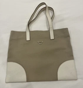 Authentic PRADA Vintage Tote Bag Shoulder Bag Tan Canvas Beige Off White Leather - Picture 1 of 14