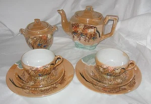 Juego de té vintage Peach Lustre para 2 tazas de azúcar platillos pintura a mano - Imagen 1 de 9