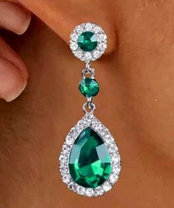 GREEN RHINESTONE TEARDROP DROP DANGLE EARRINGS Cocktail , Formal 2" - Picture 1 of 2