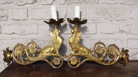 PAIR french brass heraldic lion Wall lights sconces Gothic castle decor lamps Cover