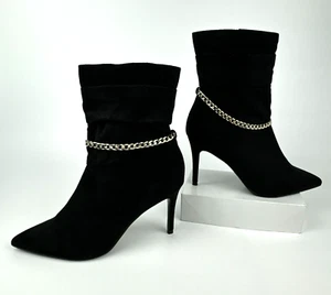 Marc Fisher Danisa Women's Stiletto Heel Ankle Boots 8.5M Black Suede Zip Chain - Picture 1 of 10