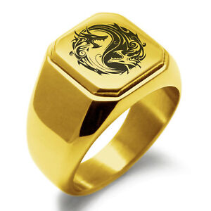 Stainless Steel Dragon Yin Yang Symbol Mens Square Biker Style Signet Ring
