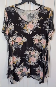 Damen schwarz*rosa Blumen Tunika Top-V-Ausschnitt-Stretch-ÜBERGRÖSSE 4X-Larace - Bild 1 von 3