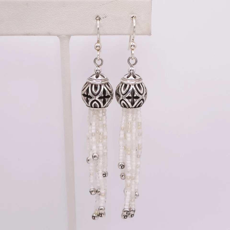 Brighton Boho Roots White Beaded Tassle 3.3" Womens French Wire Pierced Earrings - Image 1 of 4