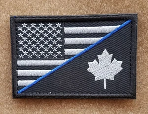 CANADA USA FLAG BLUE LINE HOOK PATCH CANADIAN AMERICAN SWAT POLICE THIN BLACK - Picture 1 of 4