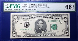 1981 $5 Federal Reserve Note Fr-1976-L San Francisco PMG66 Gem PPQ - Picture 1 of 4