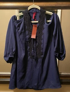 Love Scarlett Women's Navy Blue Cold Shoulder Top with Black Lace Collar Size L - Picture 1 of 10