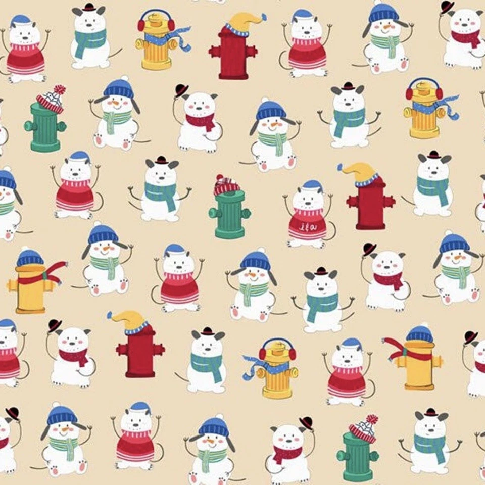 Chilly Dogs Winter Dogs & Fire Hydrants Cream 100% Cotton Fabric by The Yard - Image 1 of 1