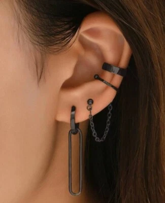 6pcs Set Womens Long Black Metal Chain Drop Decor Earrings Ear Cuff Jewellery - Image 1 of 4