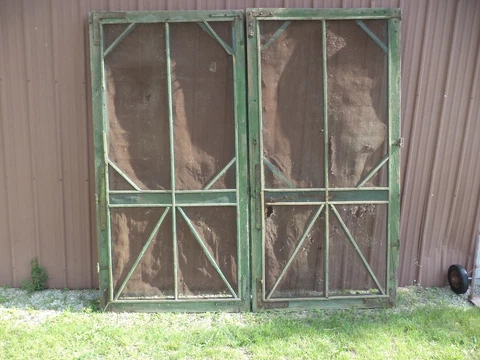 Pair of HUGH vintage screen door Victorian age Green paint 95” x 48” BARN SHED Cover