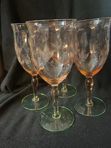 1 Ea Depression Era Weston 3345-11 Etched Watermelon Uranium Foot Water Goblets - Picture 1 of 16