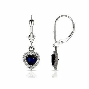 14K White Gold White & Blue Sapphire Halo Heart Dangle Lever Back Earrings - Picture 1 of 1