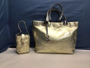 Brighton Jodi Gold Leather Romantic Print Handbag Reversible 9x7.5x3.5 Inches - Picture 1 of 21