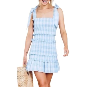 Mini Vestido MABLE Azul Blanco Guinga Calado Lazo Correa Volantes Talla Pequeña - Imagen 1 de 14