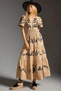 Anthropologie Somerset Embroidered Maxi Dress Neutral Tan M NEW - Picture 1 of 5