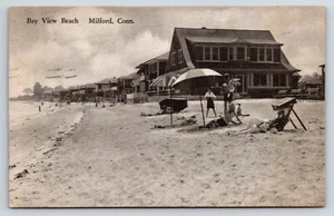 Postcard Bay View Beach, Milford,  Connecticut, People On Beach Row of Cottages - Picture 1 of 2