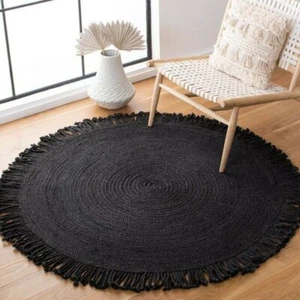 Round rug tussled design black dye hand braided jute area rug for home decor - Picture 1 of 5