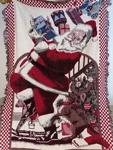 Santa Delivering Gifts Blanket Christmas Dog Woven Afghan Tapestry Holiday Throw - Picture 1 of 12