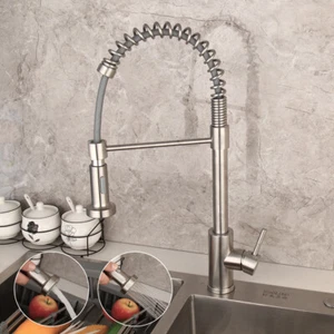 Grifo mezclador de fregadero de cocina con rociador de níquel cepillado caño giratorio grifo de latón - Imagen 1 de 12