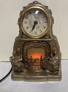Vtg United Mantel Desk Clock Gold Brass Metal 422 Electric Lighted Fireplace - Picture 1 of 13