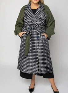 Tanya Taylor Damengröße 3X Lotta grün marineblau Schottenkaro langer Trenchcoat neu mit Etikett - Bild 1 von 22