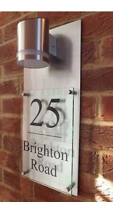 MODERN HOUSE SIGN PLAQUE NUMBER STREET GLASS ALUMINIUM EFFECT XL A4, SOLAR LIGHT - Image 1 of 4