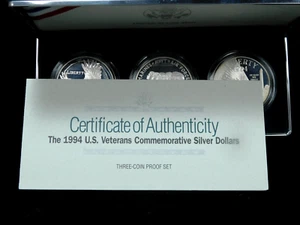 1994 $1 Proof US Veterans Commemorative Silver Dollar 3 pc Set in Box w/ COA - Picture 1 of 9