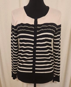 August Silk Women's M Black White Pink Striped Long Sleeve Cardigan - Picture 1 of 6