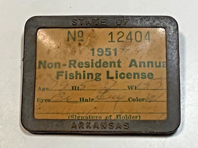 Licencia de pesca vintage 1951 Arkansas no residente pin insignia trasera Foto 1 de 4