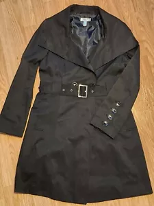 Dress Barn Womens Black High Collar Belted Slimming Small Trench Coat Peacoat - Picture 1 of 8