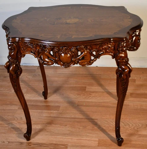 1920 Antique French Louis XV Walnut inlay carved cherubs Center table Cover