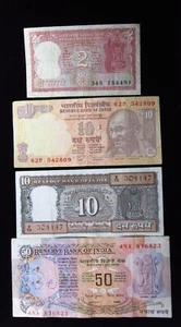 INDIA 2, 10, 10, & 50 Rupees 8491h90 Lot Reserve Bank भारत Banknote Money - Picture 1 of 2