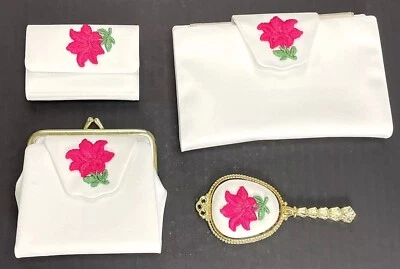 Vintage 1973 Conjunto de Espelho Carteira Branca Lady Diplomat por Mascote NOS Flor Rosa - Imagem 1 de 4