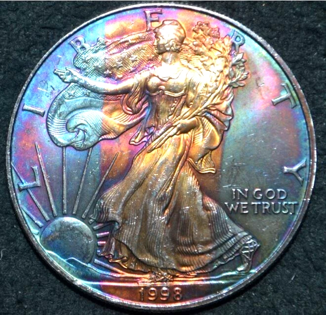 American Silver Eagle 1998 $1 gema monstruo arco iris tono ambos lados * Hacer oferta Foto 1 de 4