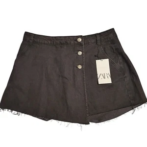 Zara Skort NWT Women's Large Black Denim Raw Hem Mini Skirt - Picture 1 of 6
