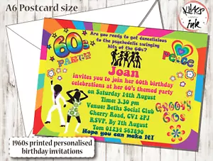10 Personalised 1960s Themed Birthday Party Invitations/Invites with envelopes - Picture 1 of 5