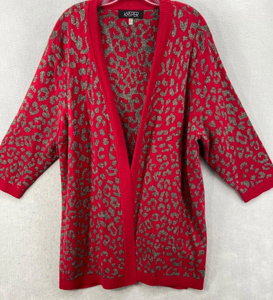 Cárdigan Kasper Mujer Talla 2X Rojo Gris Animal Frente Abierto Manga Larga Largo Foto 1 de 4