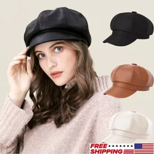 Fashion Ladies Women Girls Leather Baker Boy Peaked Cap Newsboy Hat Beret Cap - Picture 1 of 16