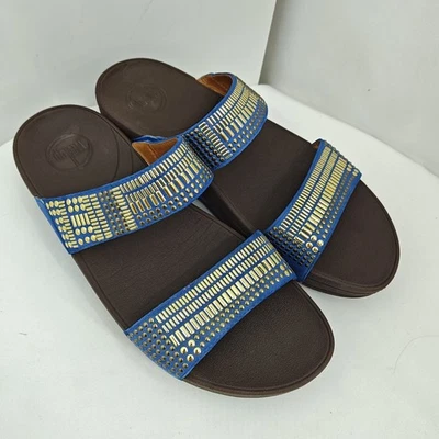 Sandalias FitFlop Azteca Chada Azul Dorado Tachonado Talla 9 Foto 1 de 4