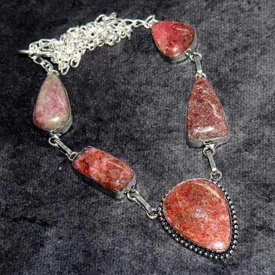 925 Silver Plated Classy Rhodonite Necklace Handmade Jewelry Size 18" GW - Image 1 of 3