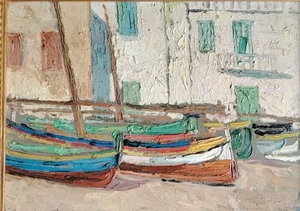Belle Peinture Marine Orientaliste " Bateau Sur La Grève" - Imagen 1 de 10