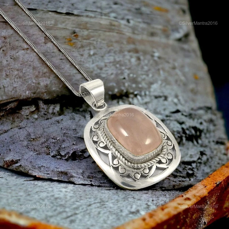 Cuore Chakra Cuscino Naturale Quarzo Rosa Argento Sterling Massiccio Bezel Nuovo - Immagine 1 di 4