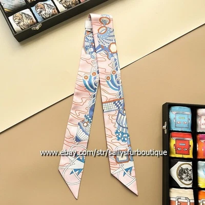 Sallys 18 Momme Twill Silk Scarf Ribbon Tribal Print Hair Bag Neck Tie 85*5cm - Image 1 of 4