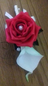 Wedding flowers White Calla Lily & red rose corsage pearls,satin bow - Picture 1 of 4